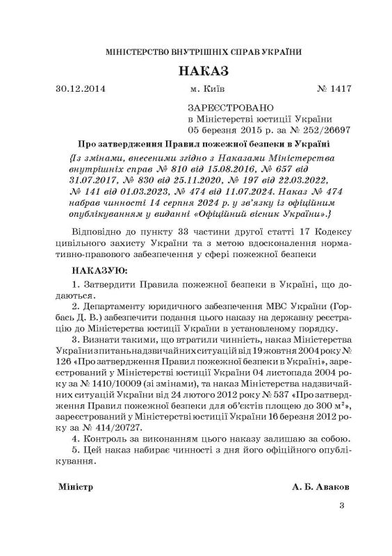 НАПБ А.01.001-14 Правила пожежної безпеки в Україні. Зі змінами 2024 р.