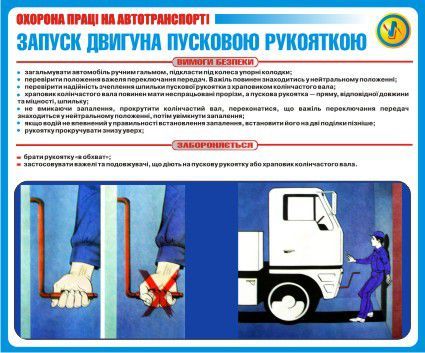 Запуск двигуна пусковою рукояткою. Охорона праці на автотранспорті. 0,6х0,5